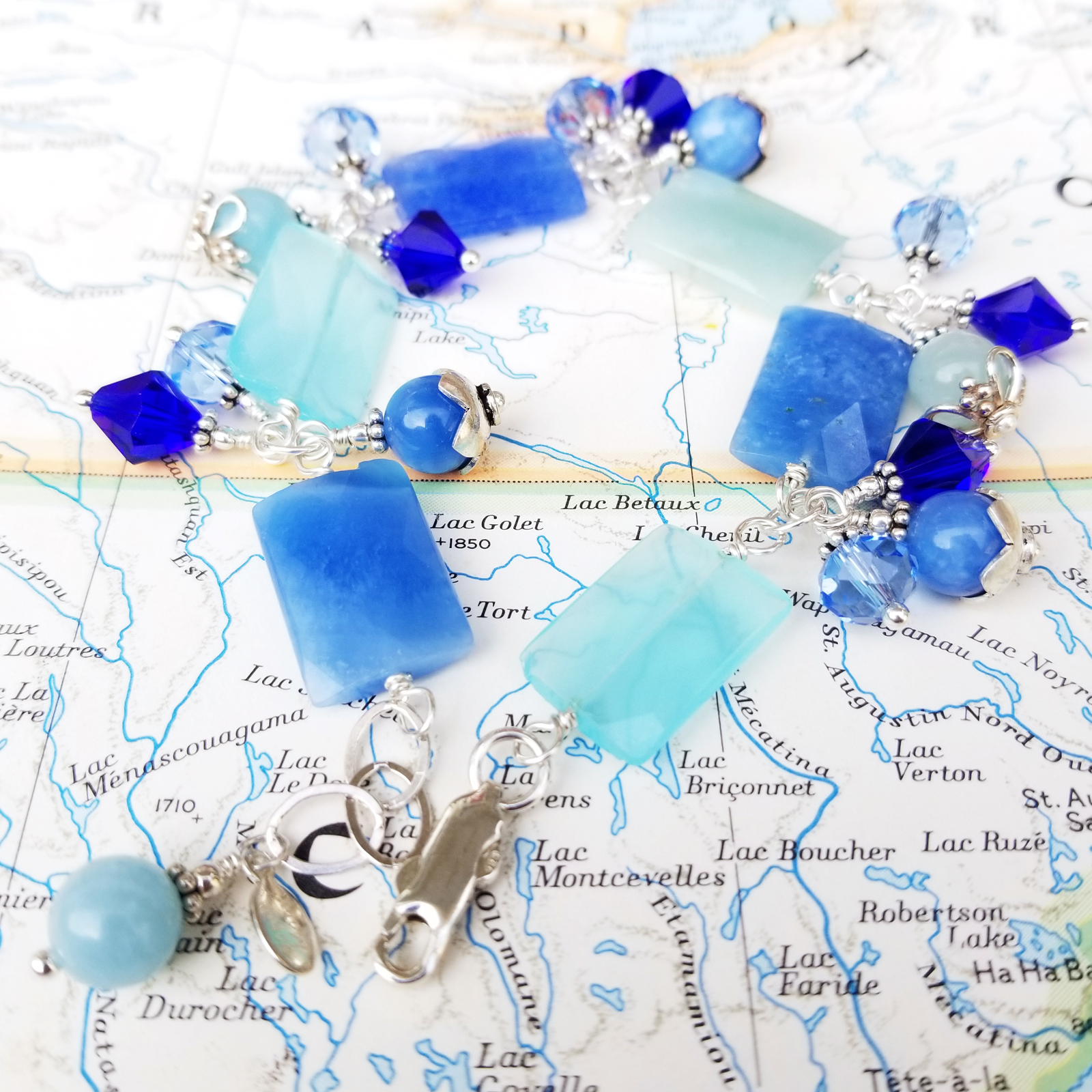 Sea Jade Gemstone, Crystal and Sterling Statement Bracelet