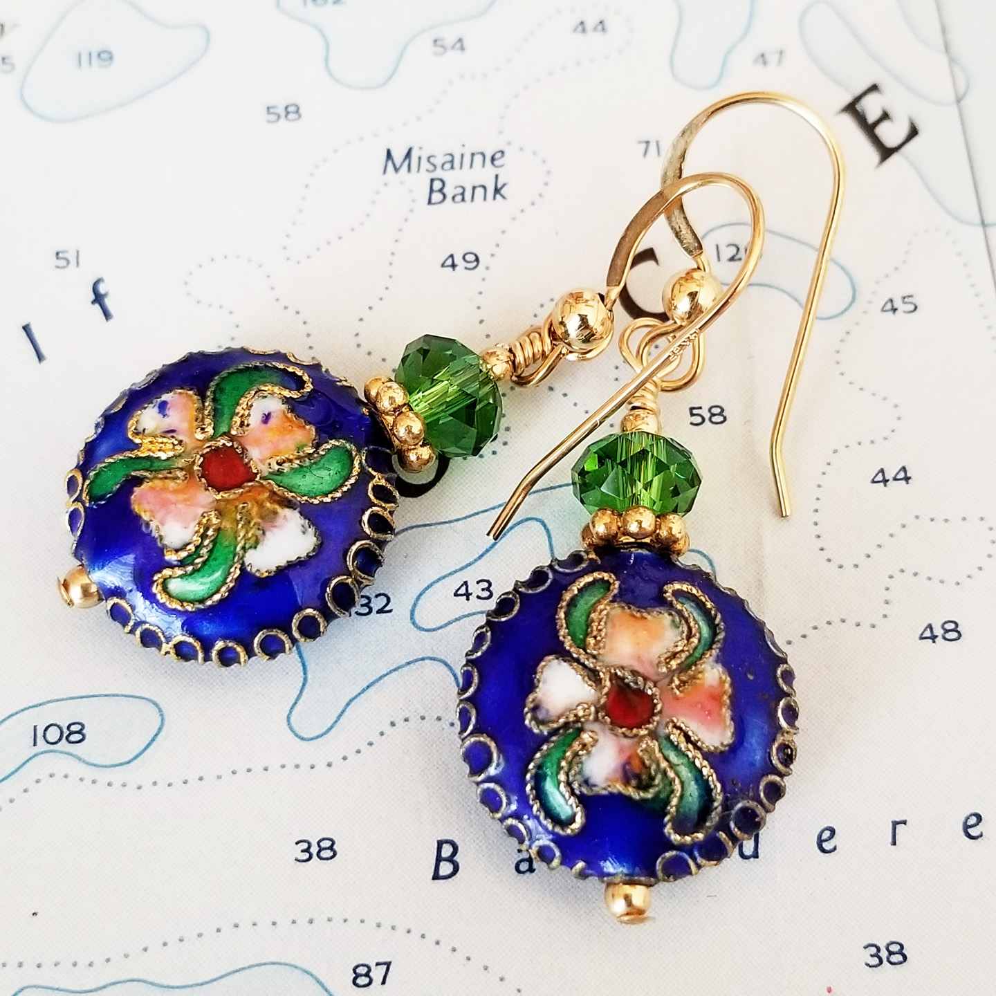 Blue Cloisonne, Crystal and Gold Earrings