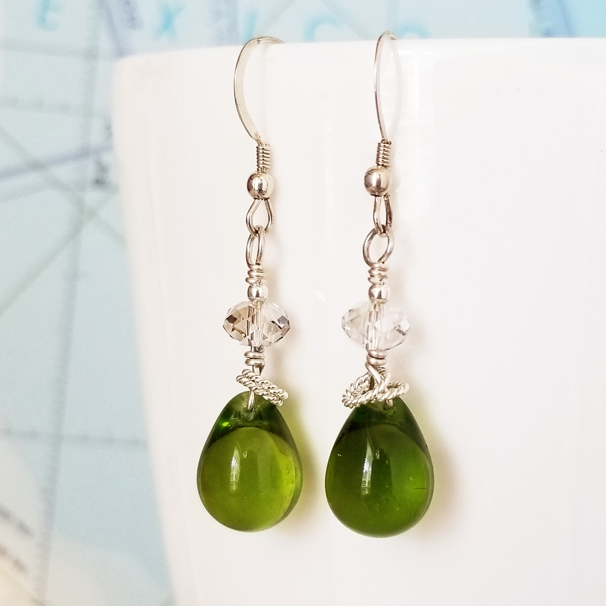 Green Glass and Crystal Drop Earrings