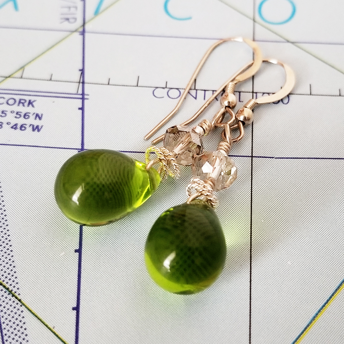 Green Glass and Crystal Drop Earrings