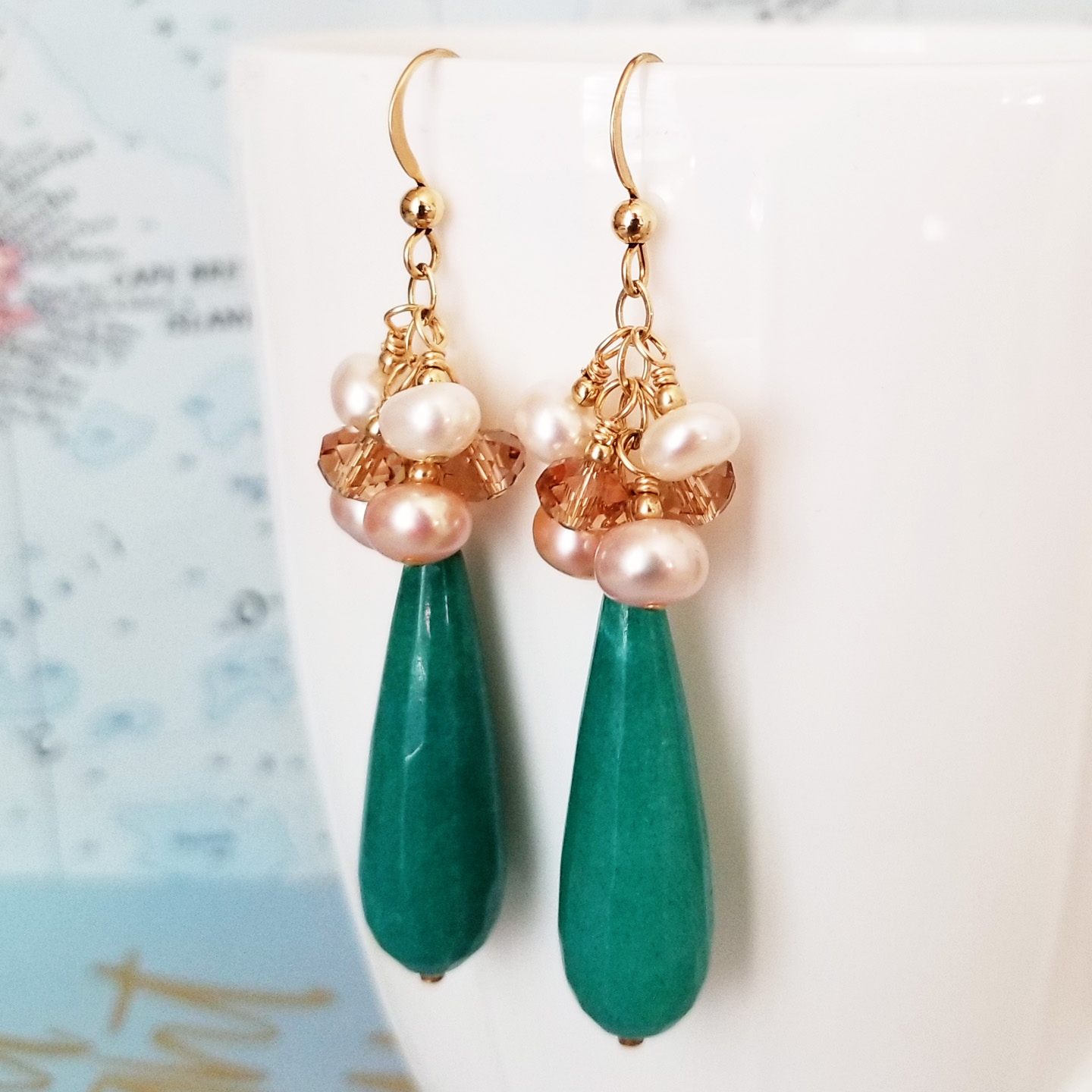 Golden Deep Aqua Jade and Pearl Cluster Statement Earrings