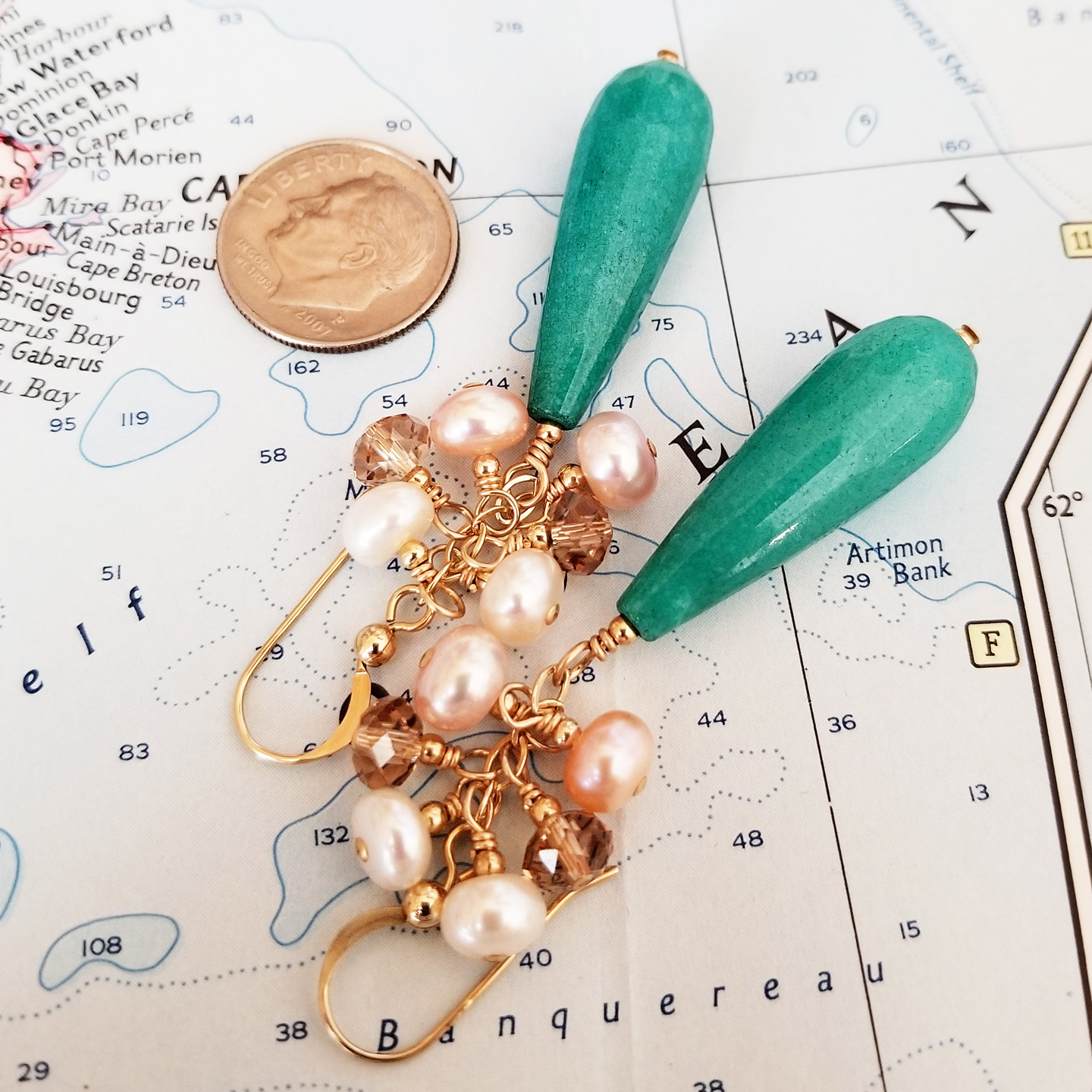 Golden Deep Aqua Jade and Pearl Cluster Statement Earrings