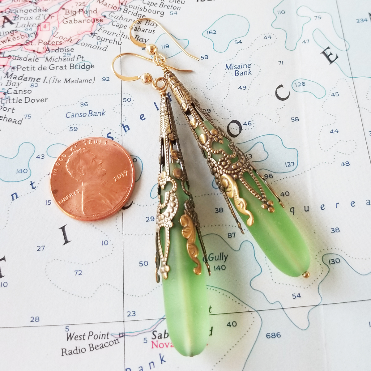 Green Call Me Vintage Sea Glass and Brass Earrings