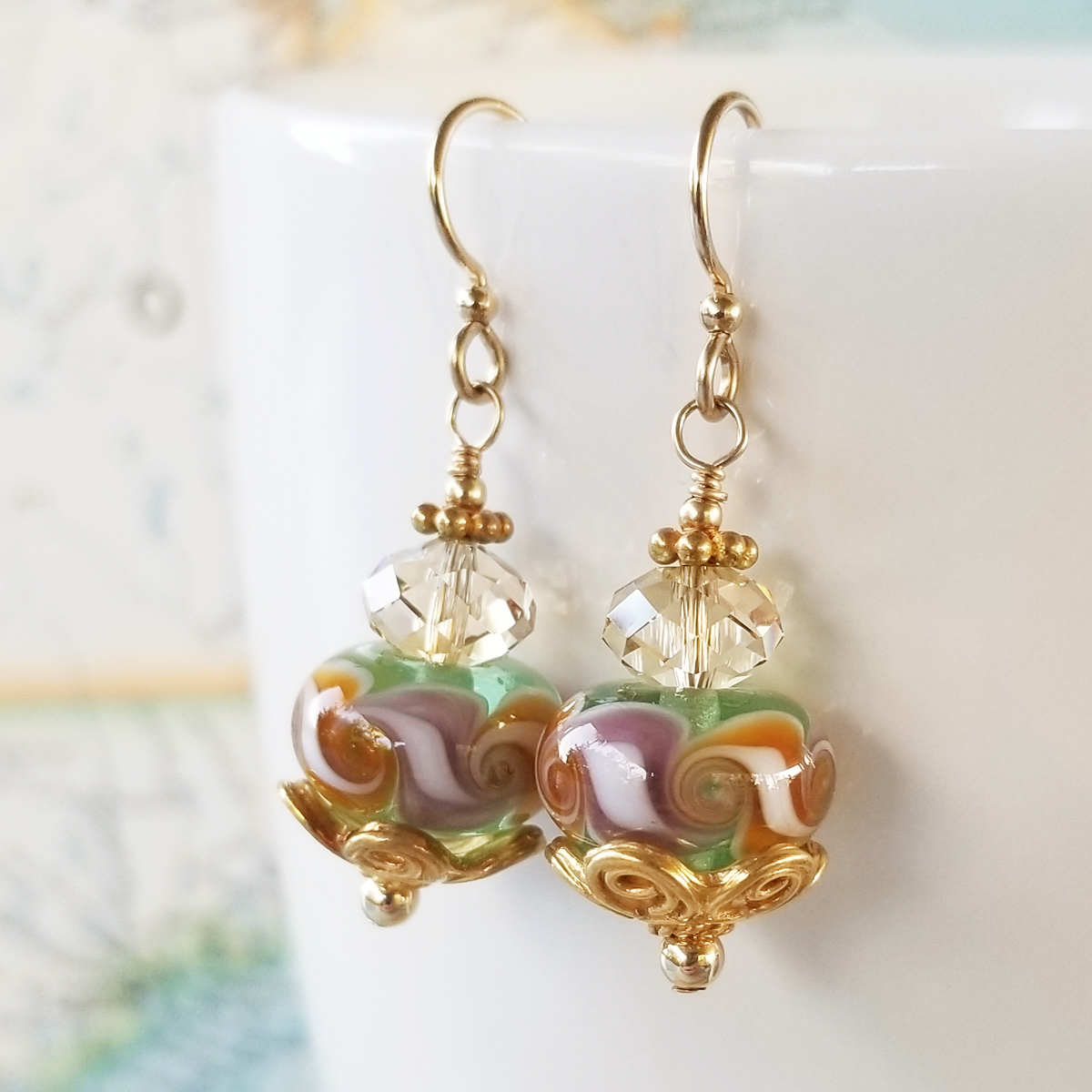 Jessica Lampwork, Crystal and Gold Earrings