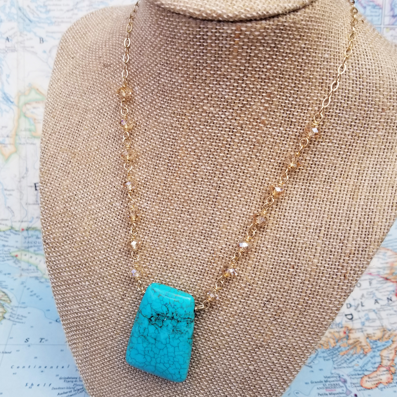 Mermaid Jewel Turquoise, Crystal and Gold Necklace