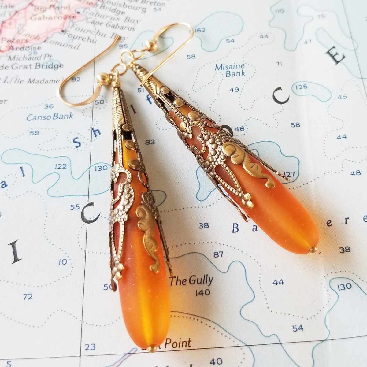 Burnt Orange Call Me Vintage Sea Glass and Brass Earrings