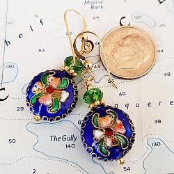 Blue Cloisonne, Crystal and Gold Earrings